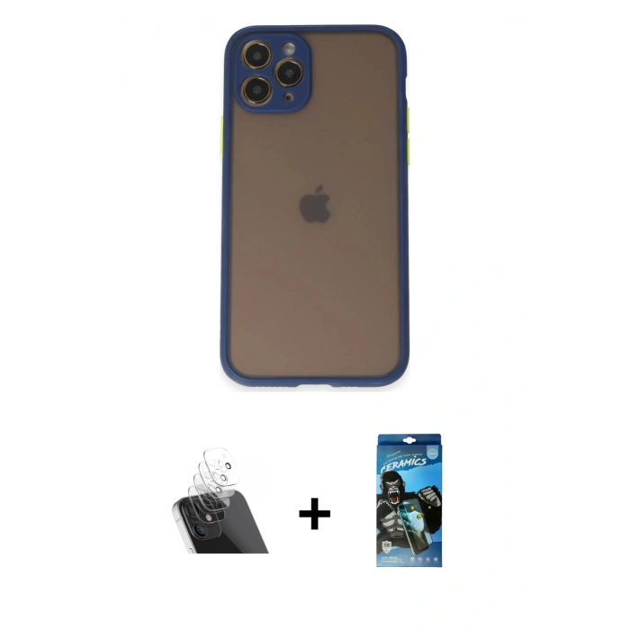 MARSİLYAN™- iPhone 11 Pro Kılıf Ahenk Çizgi Serisi - Siyah 34D Izgaralı Cam + Şeffaf Kamera Lens Koruma Cam