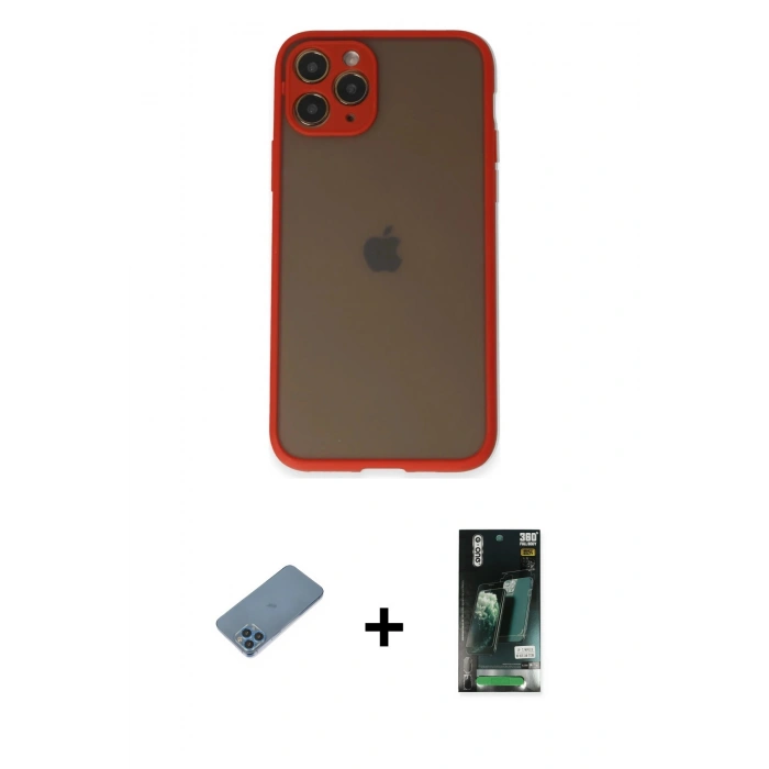 MARSİLYAN™- iPhone 11 Pro Kılıf Ahenk Çizgi Serisi - Siyah 360 Mat Full Body Arka Koruyucu + Shine Kamera Lens Koruma Cam - MI