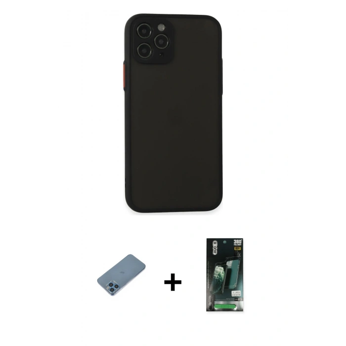 MARSİLYAN™- iPhone 11 Pro Kılıf Ahenk Çizgi Serisi - Siyah 360 Mat Full Body Arka Koruyucu + Shine Kamera Lens Koruma Cam - MI