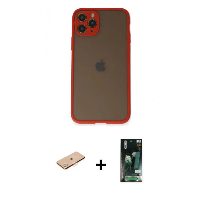 MARSİLYAN™- iPhone 11 Pro Kılıf Ahenk Çizgi Serisi - Siyah 360 Mat Full Body Arka Koruyucu + Renkli Kamera Lens Koruma Cam - TU