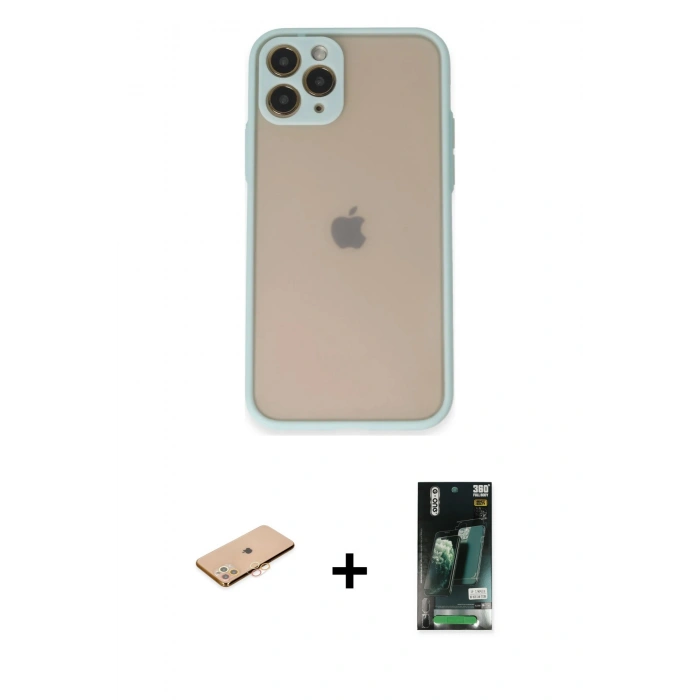 MARSİLYAN™- iPhone 11 Pro Kılıf Ahenk Çizgi Serisi - Siyah 360 Mat Full Body Arka Koruyucu + Renkli Kamera Lens Koruma Cam - TU