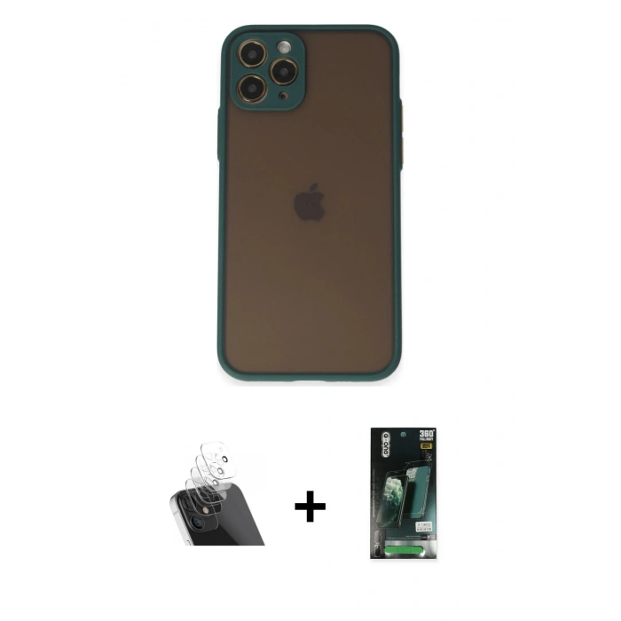 MARSİLYAN™- iPhone 11 Pro Kılıf Ahenk Çizgi Serisi - Siyah 360 Mat Full Body Arka Koruyucu + Kamera Lens Koruma Cam - SF