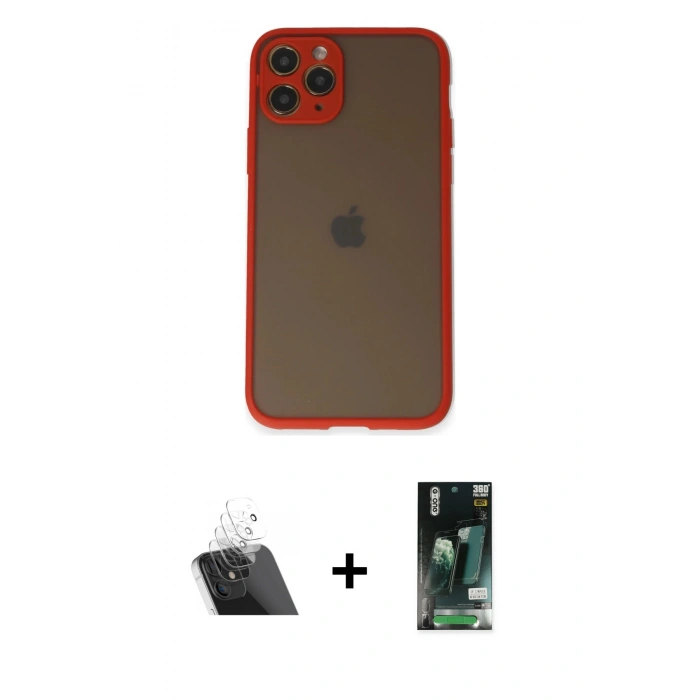 MARSİLYAN™- iPhone 11 Pro Kılıf Ahenk Çizgi Serisi - Siyah 360 Mat Full Body Arka Koruyucu + Kamera Lens Koruma Cam - SF