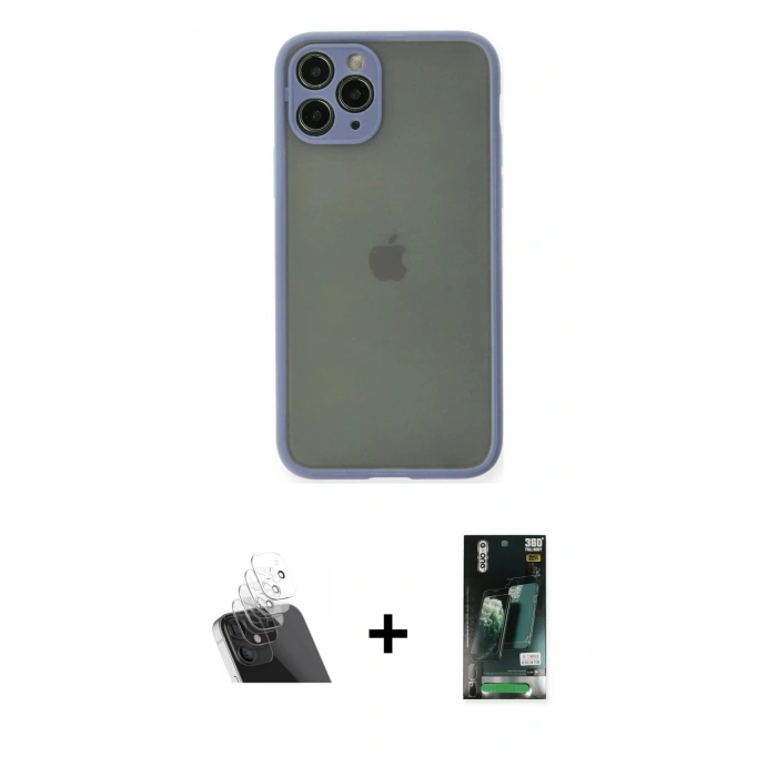 MARSİLYAN™- iPhone 11 Pro Kılıf Ahenk Çizgi Serisi - Siyah 360 Mat Full Body Arka Koruyucu + Kamera Lens Koruma Cam - SF