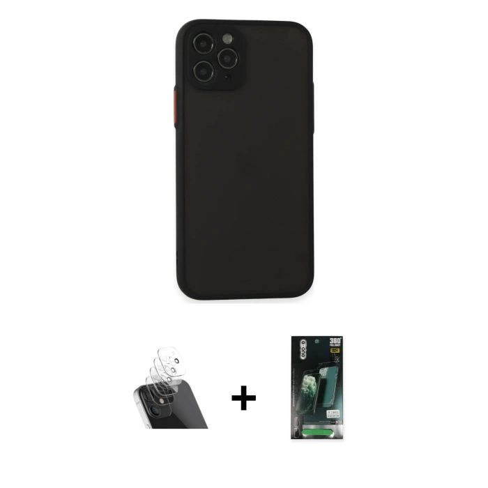 MARSİLYAN™- iPhone 11 Pro Kılıf Ahenk Çizgi Serisi - Siyah 360 Mat Full Body Arka Koruyucu + Kamera Lens Koruma Cam - SF
