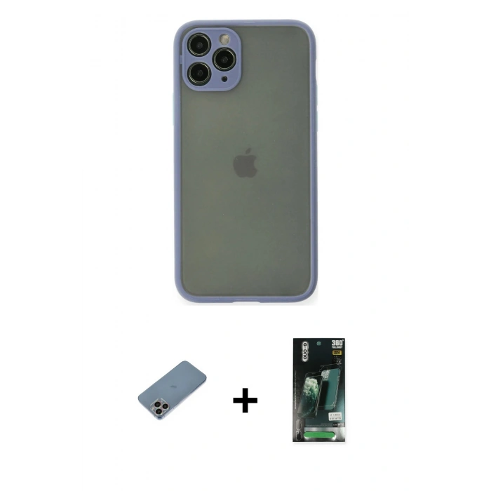 MARSİLYAN™- iPhone 11 Pro Kılıf Ahenk Çizgi Serisi - Siyah 360 Mat Full Body Arka Koruyucu + Shine Kamera Lens Koruma Cam - GI