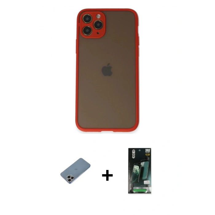MARSİLYAN™- iPhone 11 Pro Kılıf Ahenk Çizgi Serisi - Siyah 360 Mat Full Body Arka Koruyucu + Shine Kamera Lens Koruma Cam - GI