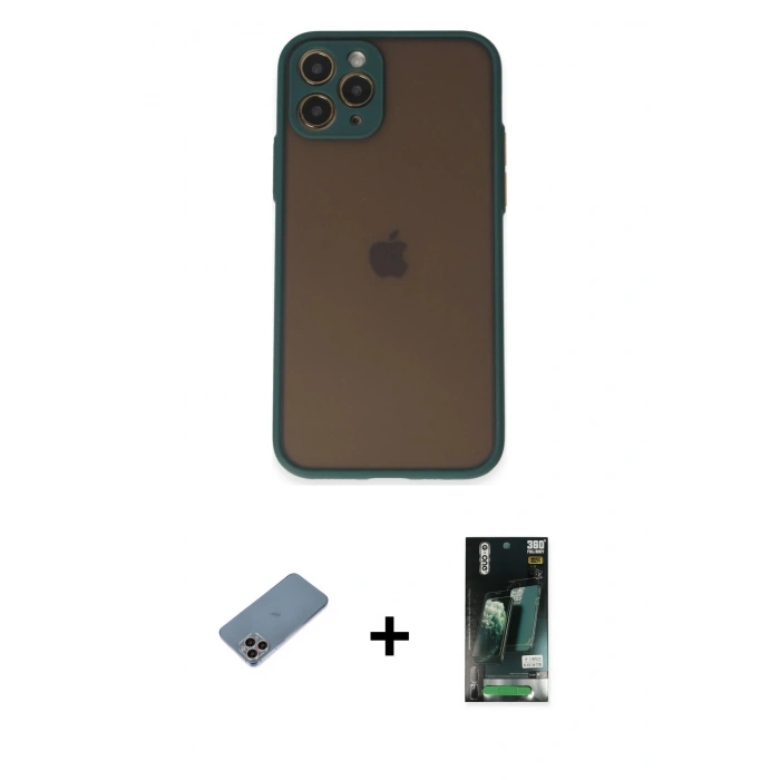 MARSİLYAN™- iPhone 11 Pro Kılıf Ahenk Çizgi Serisi - Siyah 360 Mat Full Body Arka Koruyucu + Shine Kamera Lens Koruma Cam - GI