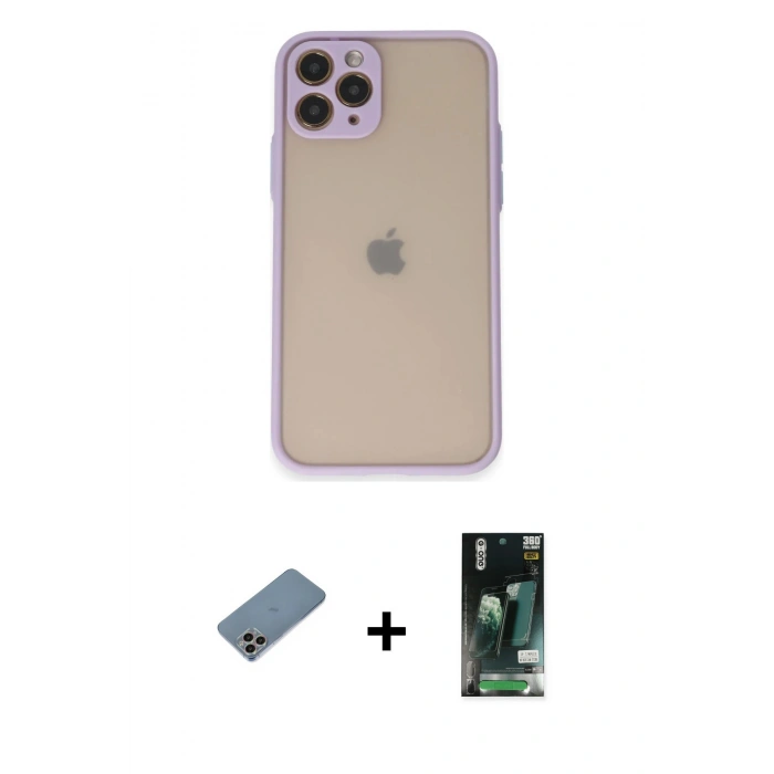 MARSİLYAN™- iPhone 11 Pro Kılıf Ahenk Çizgi Serisi - Siyah 360 Mat Full Body Arka Koruyucu + Shine Kamera Lens Koruma Cam - GI