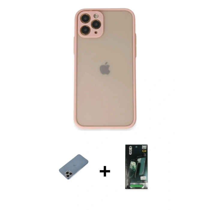 MARSİLYAN™- iPhone 11 Pro Kılıf Ahenk Çizgi Serisi - Siyah 360 Mat Full Body Arka Koruyucu + Shine Kamera Lens Koruma Cam - GI