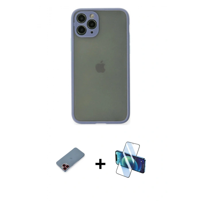 MARSİLYAN™- iPhone 11 Pro Kılıf Ahenk Çizgi Serisi - Siyah 3D Antistatik Cam Ekran Koruyucu + Metal Kamera Lens Koruma Cam - KI