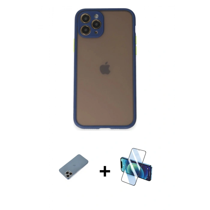 MARSİLYAN™- iPhone 11 Pro Kılıf Ahenk Çizgi Serisi - Siyah 3D Antistatik Cam Ekran Koruyucu + Shine Kamera Lens Koruma Cam - GI
