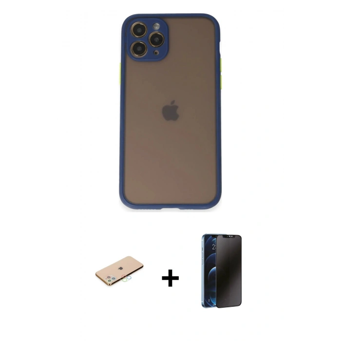 MARSİLYAN™- iPhone 11 Pro Kılıf Ahenk Çizgi Serisi - Siyah 3D Antistatik Hayalet Cam Ekran Koruyucu + Renkli Kamera Lens Koruma Cam - MI
