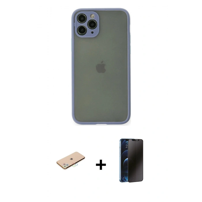 MARSİLYAN™- iPhone 11 Pro Kılıf Ahenk Çizgi Serisi - Siyah 3D Antistatik Hayalet Cam Ekran Koruyucu + Renkli Kamera Lens Koruma Cam - MI