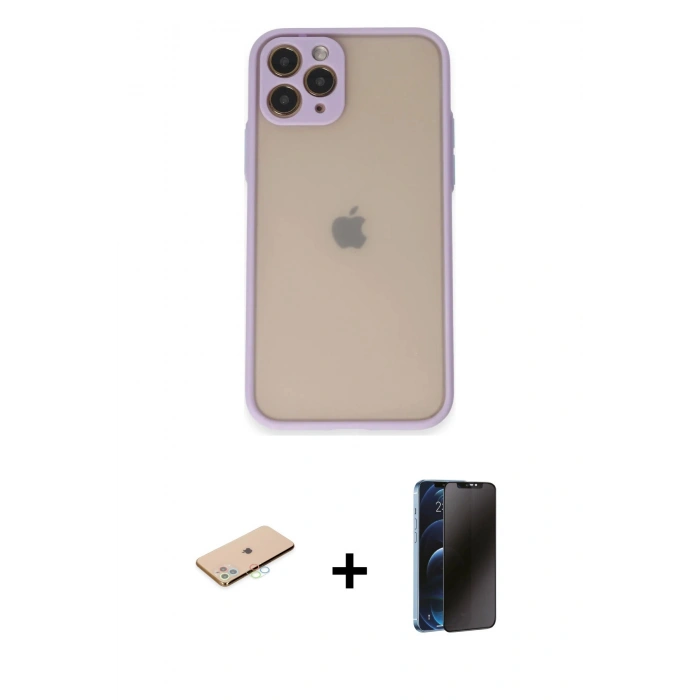 MARSİLYAN™- iPhone 11 Pro Kılıf Ahenk Çizgi Serisi - Siyah 3D Antistatik Hayalet Cam Ekran Koruyucu + Renkli Kamera Lens Koruma Cam - MI
