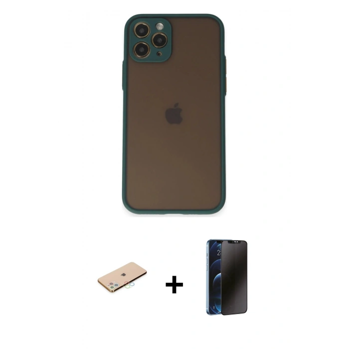 MARSİLYAN™- iPhone 11 Pro Kılıf Ahenk Çizgi Serisi - Siyah 3D Antistatik Hayalet Cam Ekran Koruyucu + Renkli Kamera Lens Koruma Cam - MI