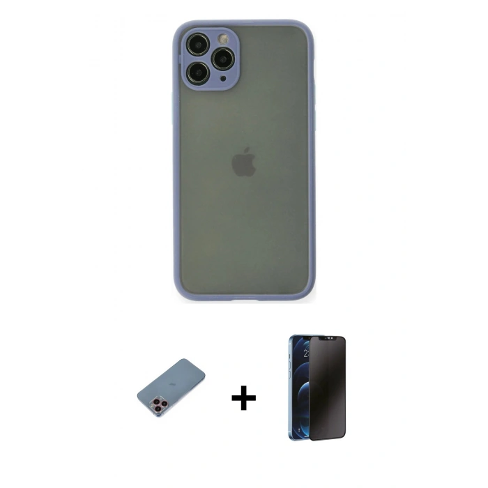 MARSİLYAN™- iPhone 11 Pro Kılıf Ahenk Çizgi Serisi - Siyah 3D Antistatik Hayalet Cam Ekran Koruyucu + Shine Kamera Lens Koruma Cam - PE
