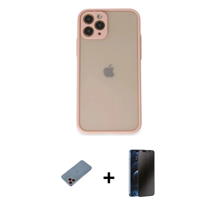 MARSİLYAN™- iPhone 11 Pro Kılıf Ahenk Çizgi Serisi - Siyah 3D Antistatik Hayalet Cam Ekran Koruyucu + Shine Kamera Lens Koruma Cam - PE