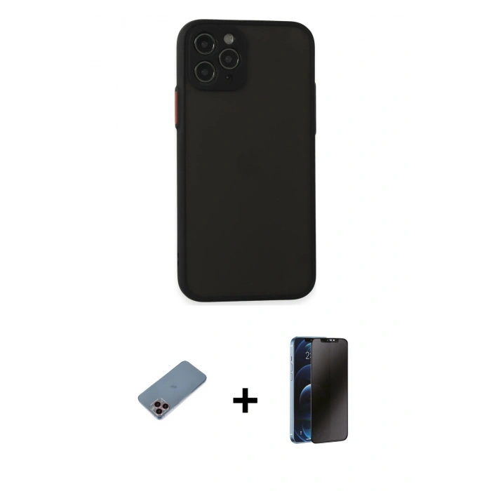 MARSİLYAN™- iPhone 11 Pro Kılıf Ahenk Çizgi Serisi - Siyah 3D Antistatik Hayalet Cam Ekran Koruyucu + Shine Kamera Lens Koruma Cam - PE