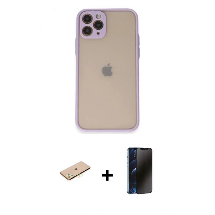 MARSİLYAN™- iPhone 11 Pro Kılıf Ahenk Çizgi Serisi - Siyah 3D Antistatik Hayalet Cam Ekran Koruyucu + Renkli Kamera Lens Koruma Cam - SI