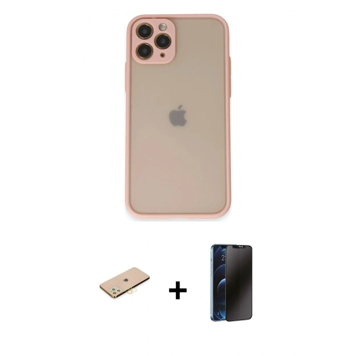 MARSİLYAN™- iPhone 11 Pro Kılıf Ahenk Çizgi Serisi - Siyah 3D Antistatik Hayalet Cam Ekran Koruyucu + Renkli Kamera Lens Koruma Cam - SI