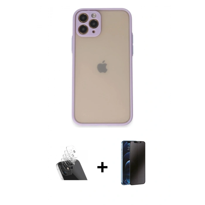MARSİLYAN™- iPhone 11 Pro Kılıf Ahenk Çizgi Serisi - Siyah 3D Antistatik Hayalet Cam Ekran Koruyucu + Kamera Lens Koruma Cam - SF