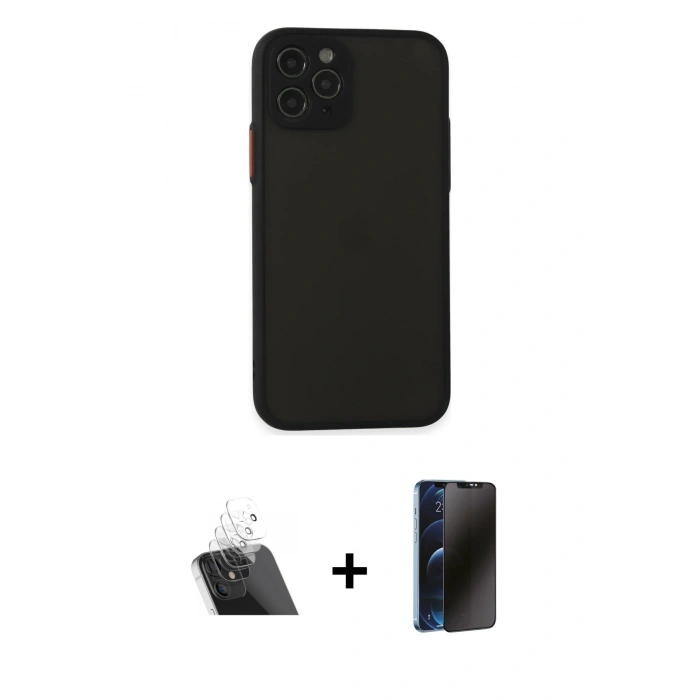 MARSİLYAN™- iPhone 11 Pro Kılıf Ahenk Çizgi Serisi - Siyah 3D Antistatik Hayalet Cam Ekran Koruyucu + Kamera Lens Koruma Cam - SF