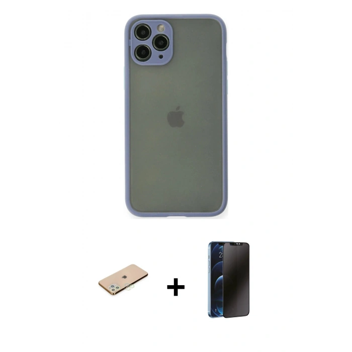 MARSİLYAN™- iPhone 11 Pro Kılıf Ahenk Çizgi Serisi - Siyah 3D Antistatik Hayalet Cam Ekran Koruyucu + Renkli Kamera Lens Koruma Cam - YL