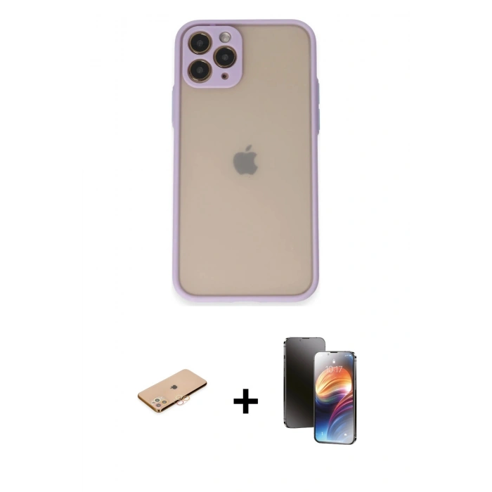 MARSİLYAN™- iPhone 11 Pro Kılıf Ahenk Çizgi Serisi - Siyah 3D Antistatik Mat Seramik Nano Ekran Koruyucu + Turuncu Renkli Kamera Lens Koruma Cam