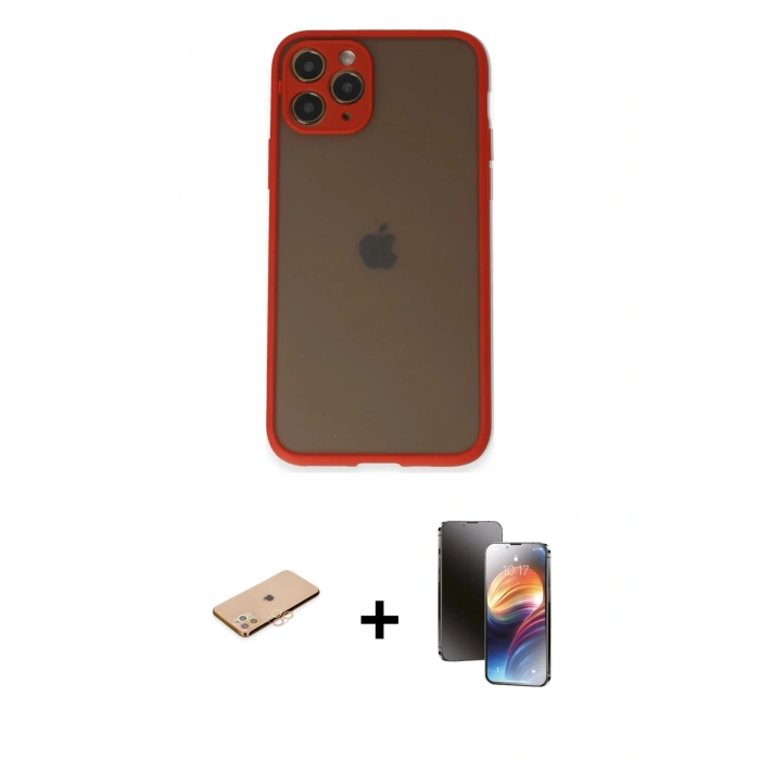 MARSİLYAN™- iPhone 11 Pro Kılıf Ahenk Çizgi Serisi - Siyah 3D Antistatik Mat Seramik Nano Ekran Koruyucu + Turuncu Renkli Kamera Lens Koruma Cam