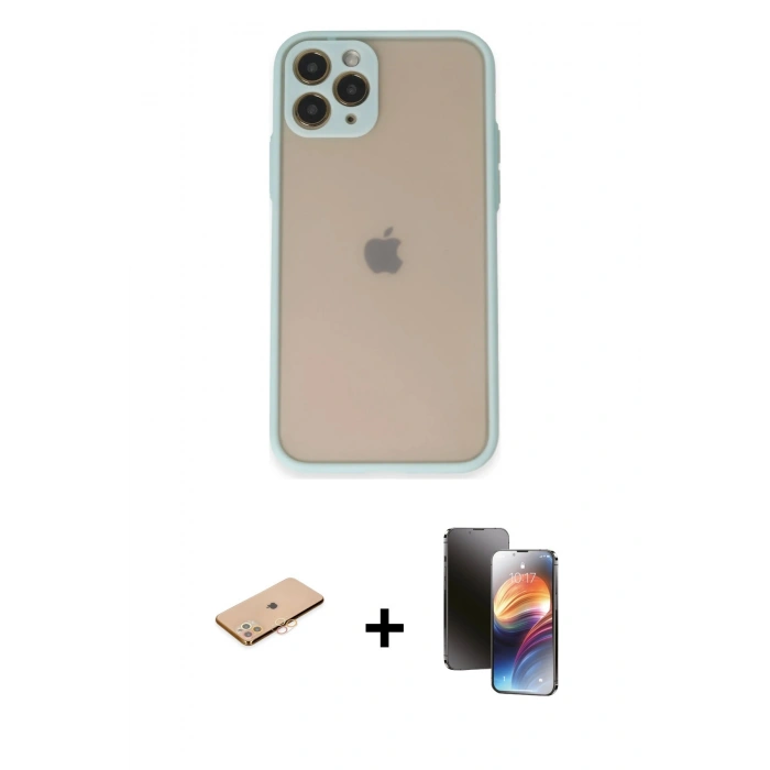 MARSİLYAN™- iPhone 11 Pro Kılıf Ahenk Çizgi Serisi - Siyah 3D Antistatik Mat Seramik Nano Ekran Koruyucu + Turuncu Renkli Kamera Lens Koruma Cam