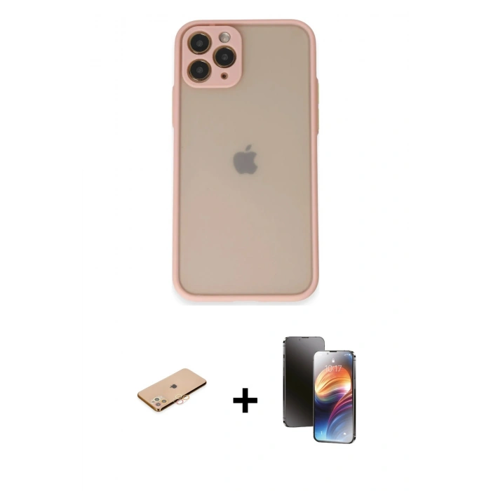MARSİLYAN™- iPhone 11 Pro Kılıf Ahenk Çizgi Serisi - Siyah 3D Antistatik Mat Seramik Nano Ekran Koruyucu + Turuncu Renkli Kamera Lens Koruma Cam