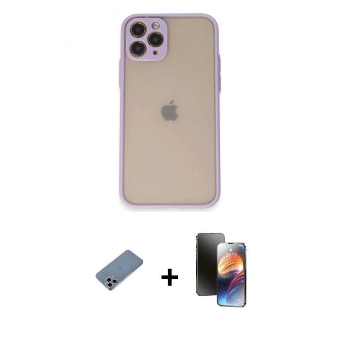 MARSİLYAN™- iPhone 11 Pro Kılıf Ahenk Çizgi Serisi - Siyah 3D Antistatik Mat Seramik Nano Ekran Koruyucu + Shine Kamera Lens Koruma Cam - SABE