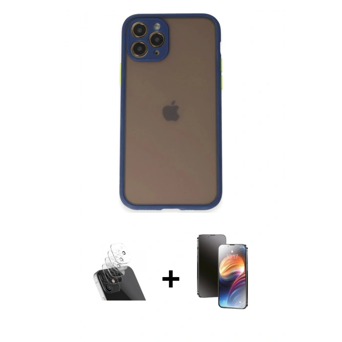 MARSİLYAN™- iPhone 11 Pro Kılıf Ahenk Çizgi Serisi - Siyah 3D Antistatik Mat Seramik Nano Ekran Koruyucu + Kamera Lens Koruma Cam - SF
