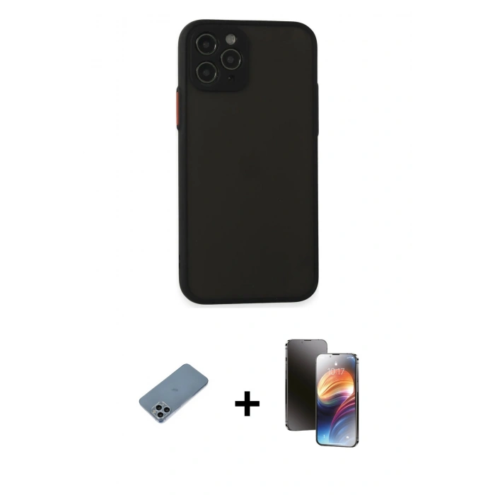 MARSİLYAN™- iPhone 11 Pro Kılıf Ahenk Çizgi Serisi - Siyah 3D Antistatik Mat Seramik Nano Ekran Koruyucu + Shine Kamera Lens Koruma Cam - SABE