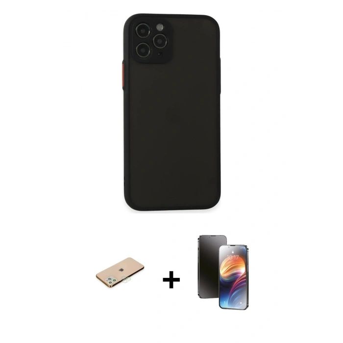 MARSİLYAN™- iPhone 11 Pro Kılıf Ahenk Çizgi Serisi - Siyah 3D Antistatik Mat Seramik Nano Ekran Koruyucu + Renkli Kamera Lens Koruma Cam - YL