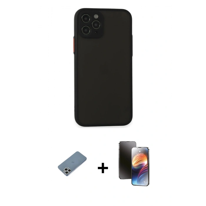 MARSİLYAN™- iPhone 11 Pro Kılıf Ahenk Çizgi Serisi - Siyah 3D Antistatik Mat Seramik Nano Ekran Koruyucu + Gümüş Shine Kamera Lens Koruma Cam