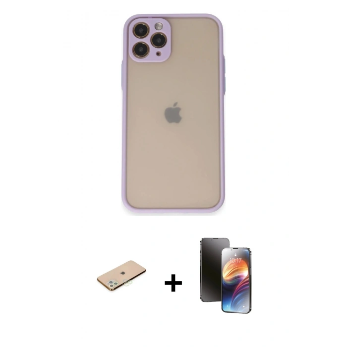 MARSİLYAN™- iPhone 11 Pro Kılıf Ahenk Çizgi Serisi - Siyah 3D Antistatik Mat Seramik Nano Ekran Koruyucu + Renkli Kamera Lens Koruma Cam - YL