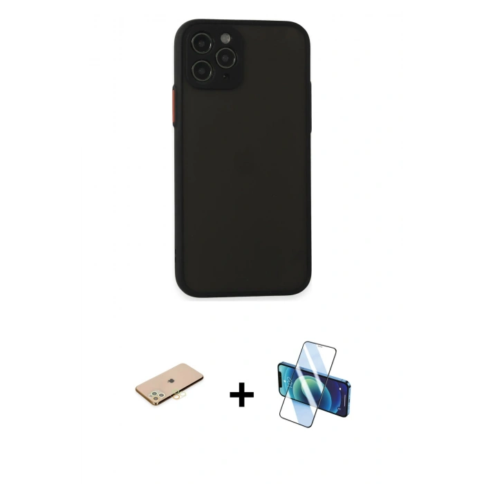 MARSİLYAN™- iPhone 11 Pro Kılıf Ahenk Çizgi Serisi - Siyah 3D Antistatik Seramik Nano Ekran Koruyucu + Renkli Kamera Lens Koruma Cam - PE