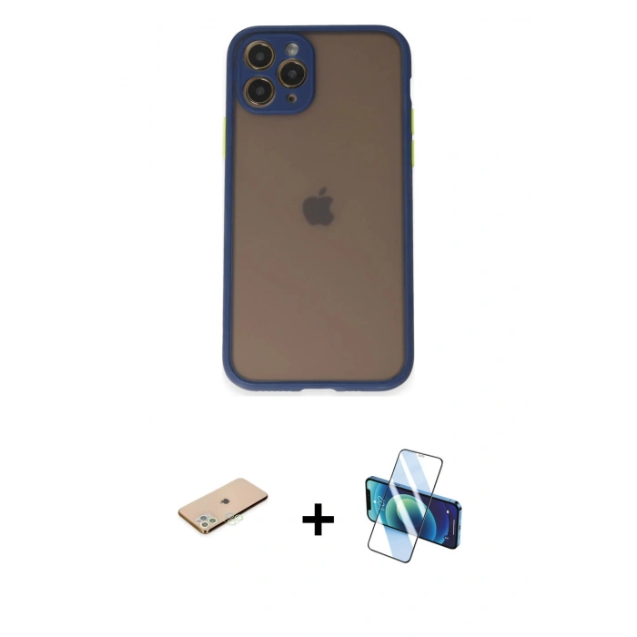 MARSİLYAN™- iPhone 11 Pro Kılıf Ahenk Çizgi Serisi - Siyah 3D Antistatik Seramik Nano Ekran Koruyucu + Renkli Kamera Lens Koruma Cam - YL