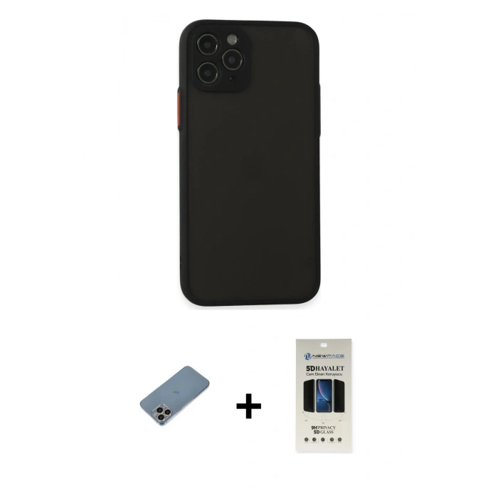 MARSİLYAN™- iPhone 11 Pro Kılıf Ahenk Çizgi Serisi - Siyah 5D Hayalet Cam Ekran Koruyucu + Shine Kamera Lens Koruma Cam - GI