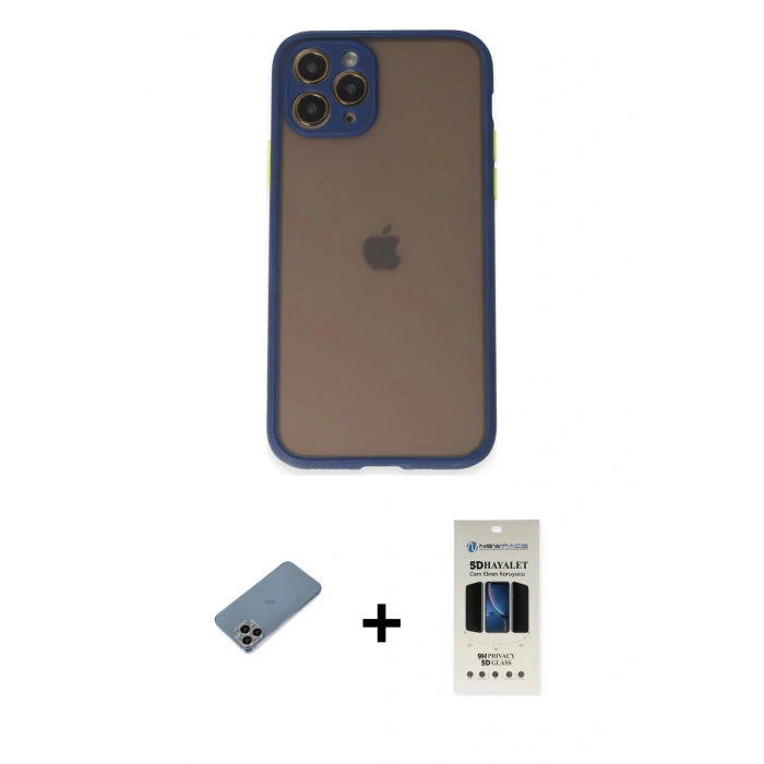 MARSİLYAN™- iPhone 11 Pro Kılıf Ahenk Çizgi Serisi - Siyah 5D Hayalet Cam Ekran Koruyucu + Shine Kamera Lens Koruma Cam - GI