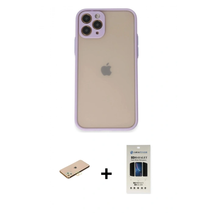 MARSİLYAN™- iPhone 11 Pro Kılıf Ahenk Çizgi Serisi - Siyah 5D Hayalet Cam Ekran Koruyucu + Renkli Kamera Lens Koruma Cam - PE