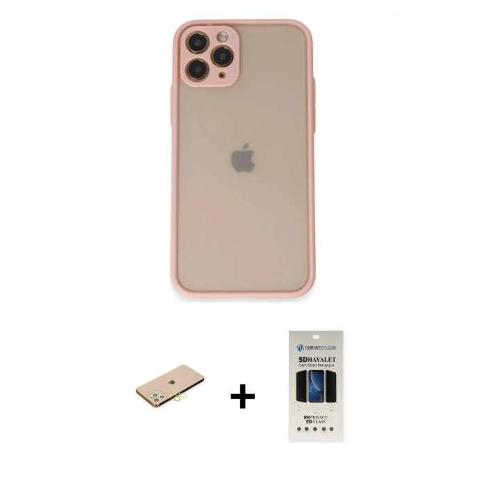 MARSİLYAN™- iPhone 11 Pro Kılıf Ahenk Çizgi Serisi - Siyah 5D Hayalet Cam Ekran Koruyucu + Renkli Kamera Lens Koruma Cam - PE