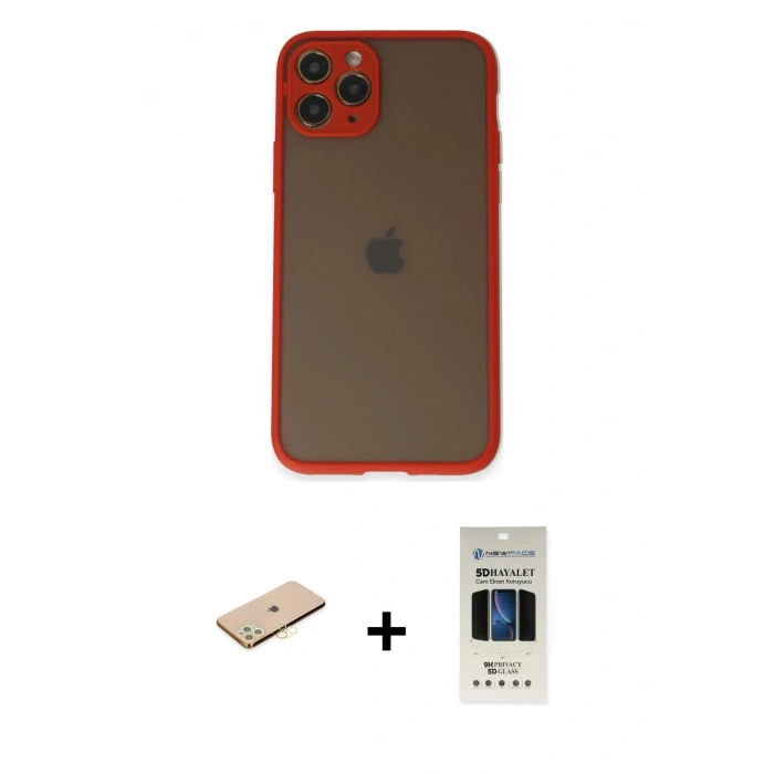 MARSİLYAN™- iPhone 11 Pro Kılıf Ahenk Çizgi Serisi - Siyah 5D Hayalet Cam Ekran Koruyucu + Renkli Kamera Lens Koruma Cam - PE