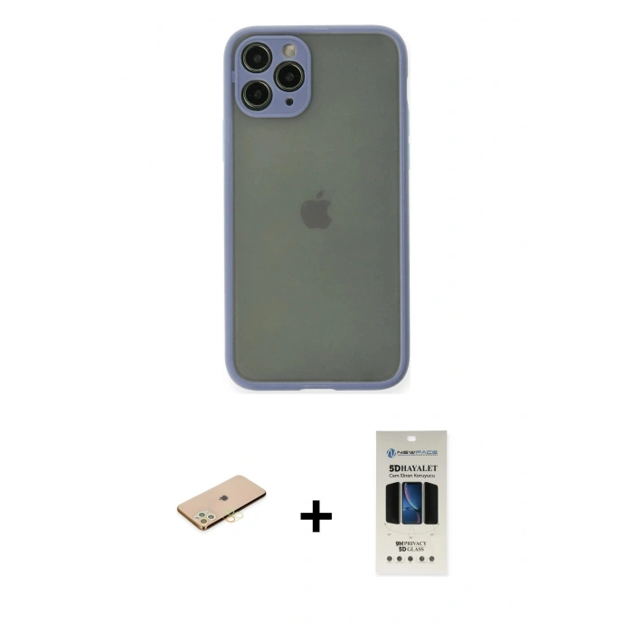 MARSİLYAN™- iPhone 11 Pro Kılıf Ahenk Çizgi Serisi - Siyah 5D Hayalet Cam Ekran Koruyucu + Renkli Kamera Lens Koruma Cam - PE