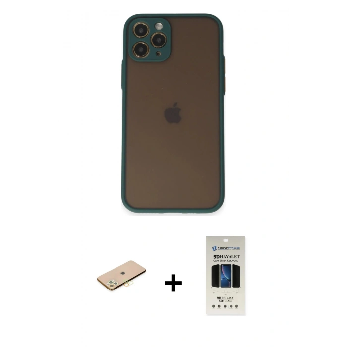 MARSİLYAN™- iPhone 11 Pro Kılıf Ahenk Çizgi Serisi - Siyah 5D Hayalet Cam Ekran Koruyucu + Renkli Kamera Lens Koruma Cam - PE