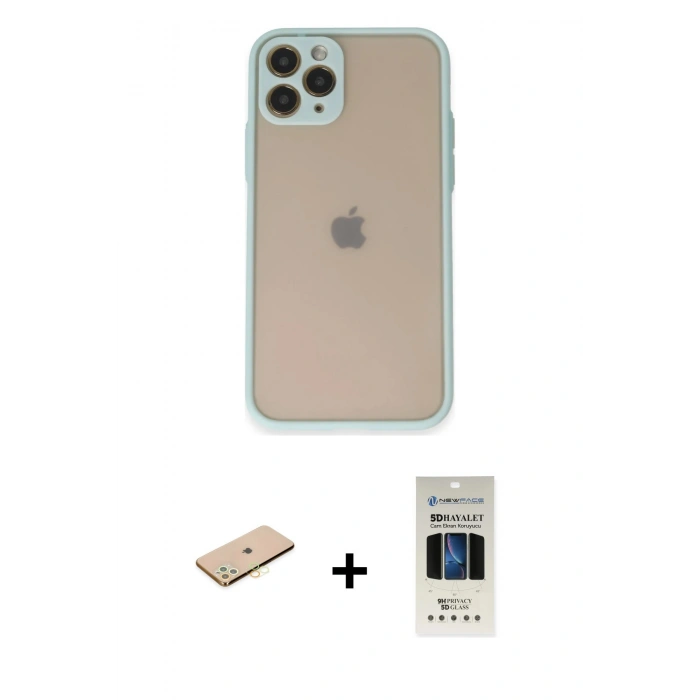 MARSİLYAN™- iPhone 11 Pro Kılıf Ahenk Çizgi Serisi - Siyah 5D Hayalet Cam Ekran Koruyucu + Renkli Kamera Lens Koruma Cam - PE