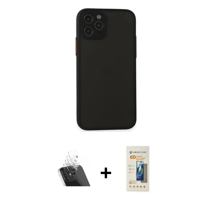 MARSİLYAN™- iPhone 11 Pro Kılıf Ahenk Çizgi Serisi - Siyah 6D Mat Seramik Hayalet Nano Ekran Koruyucu + Kamera Lens Koruma Cam - SF