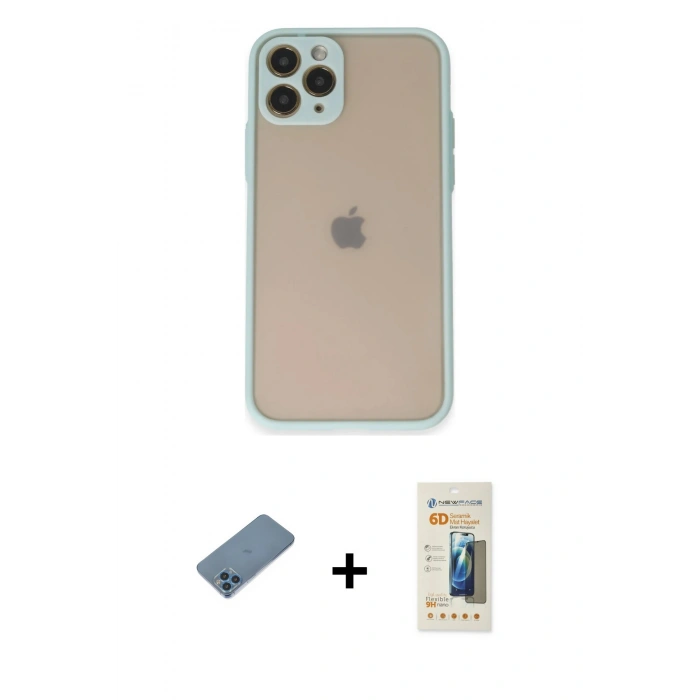 MARSİLYAN™- iPhone 11 Pro Kılıf Ahenk Çizgi Serisi - Siyah 6D Mat Seramik Hayalet Nano Ekran Koruyucu + Mavi Shine Kamera Lens Koruma Cam
